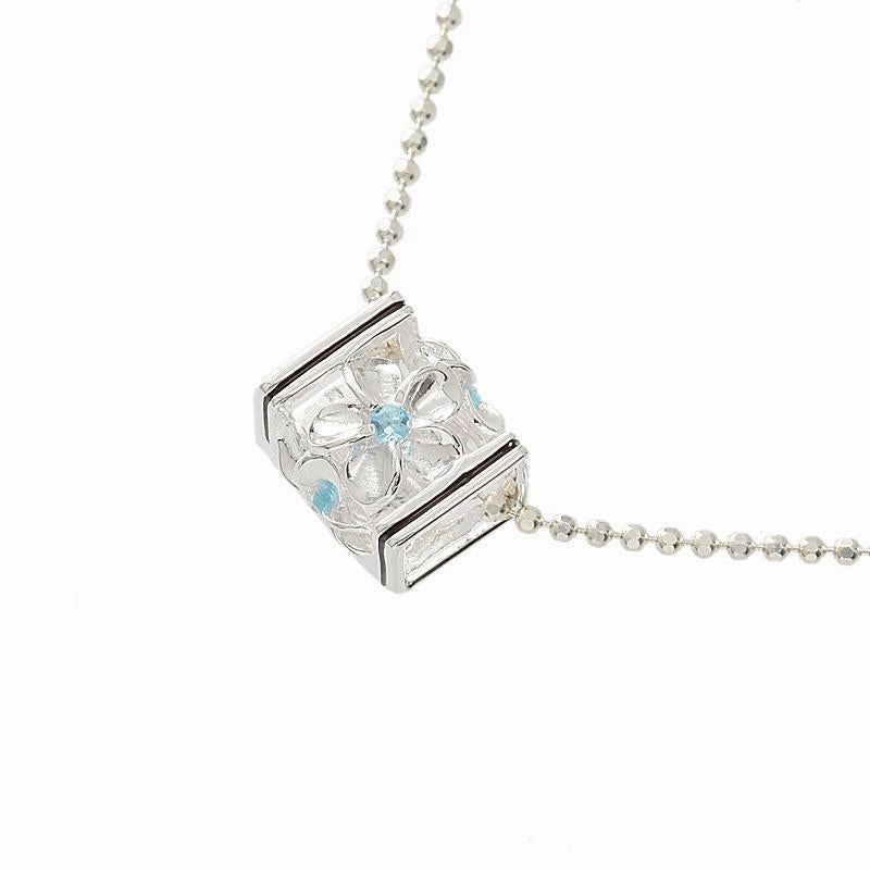 Sterling Silver Plumeria with Blue CZ Black Border Cube Pendant (S/M) (Chain Sold Separately)