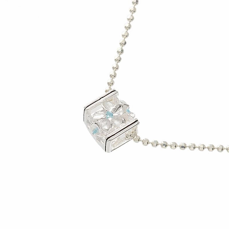 Sterling Silver Plumeria with Blue CZ Black Border Cube Pendant (S/M) (Chain Sold Separately)