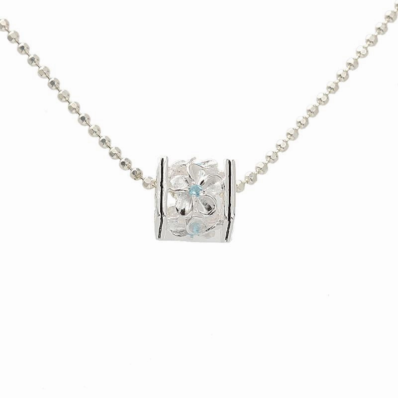Sterling Silver Plumeria with Blue CZ Black Border Cube Pendant (S/M) (Chain Sold Separately)