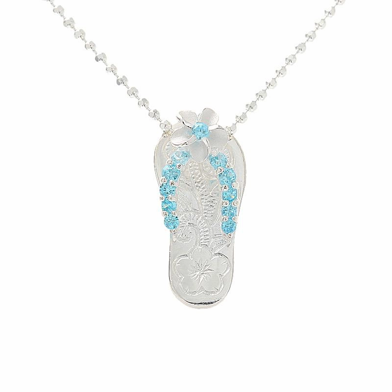 Sterling Silver Plumeria with Blue CZ Strap Hawaiian Scroll Slipper Pendant (Chain Sold Separately)