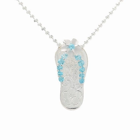 Sterling Silver Plumeria with Blue CZ Strap Hawaiian Scroll Slipper Pendant (Chain Sold Separately)