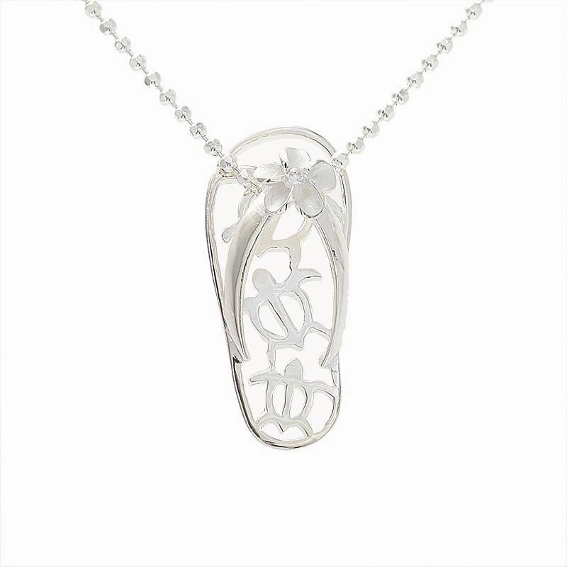 Sterling Silver Plumeria with CZ 3 Honu (Hawaiian Turtle) Slipper Pendant (Chain Sold Separately)