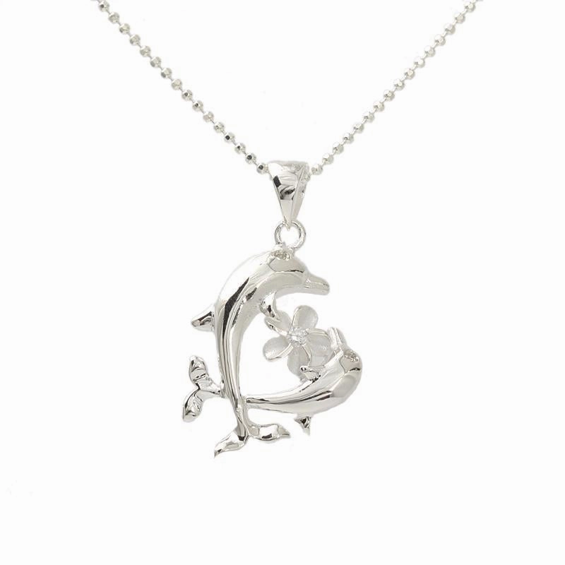 Sterling Silver Plumeria with CZ and 2 Dolphin Open Heart Pendant (Chain Sold Separately)