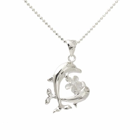 Sterling Silver Plumeria with CZ and 2 Dolphin Open Heart Pendant (Chain Sold Separately)