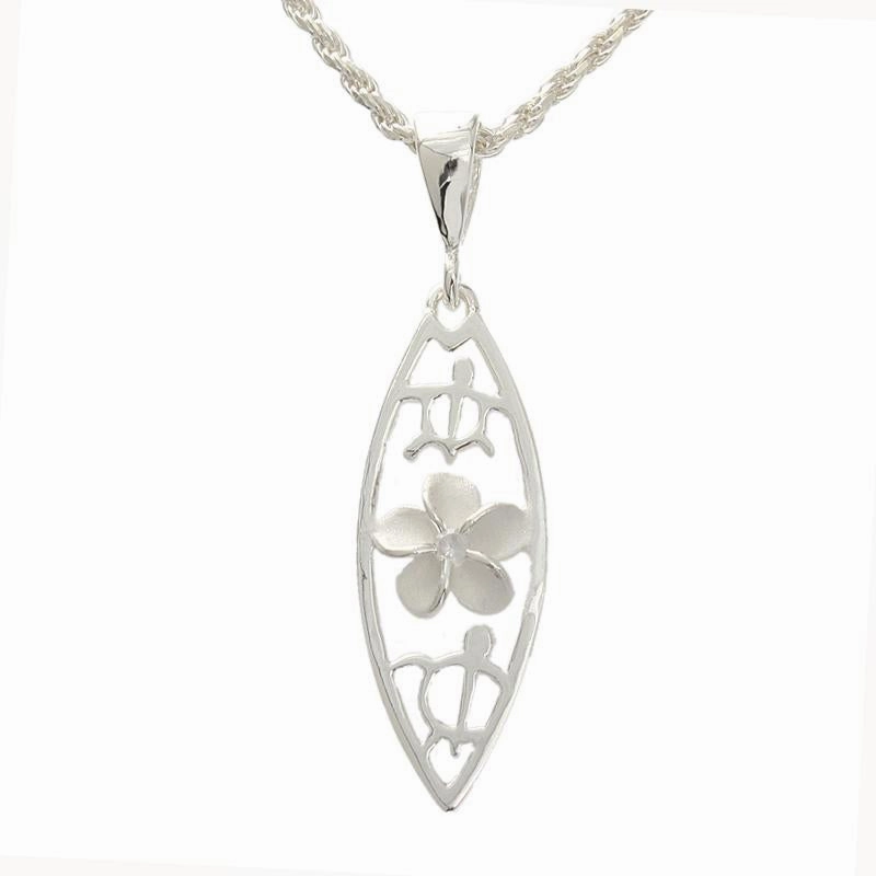 Sterling Silver Plumeria with CZ and 2 Honu (Hawaiian Turtle) Surfboard Pendant (Chain Sold Separately)