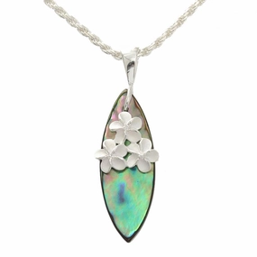 Sterling Silver Plumeria with CZ and Abalone Shell Surfboard Pendant (Chain Sold Separately)