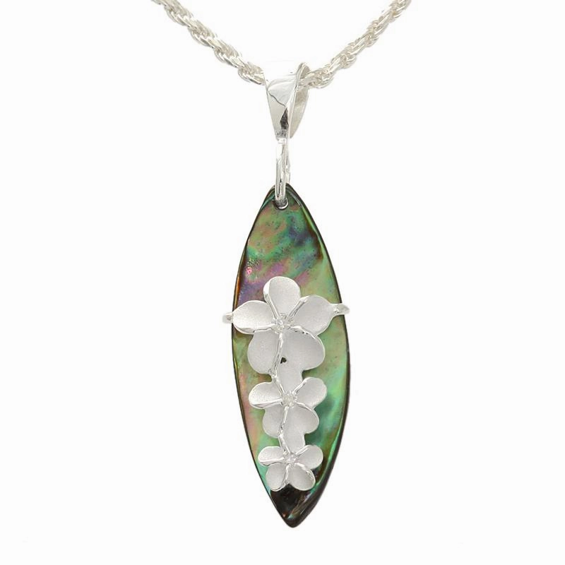 Sterling Silver Plumeria with CZ and Abalone Shell Surfboard Pendant (Chain Sold Separately)