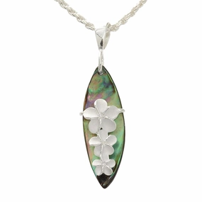 Sterling Silver Plumeria with CZ and Abalone Shell Surfboard Pendant (Chain Sold Separately)