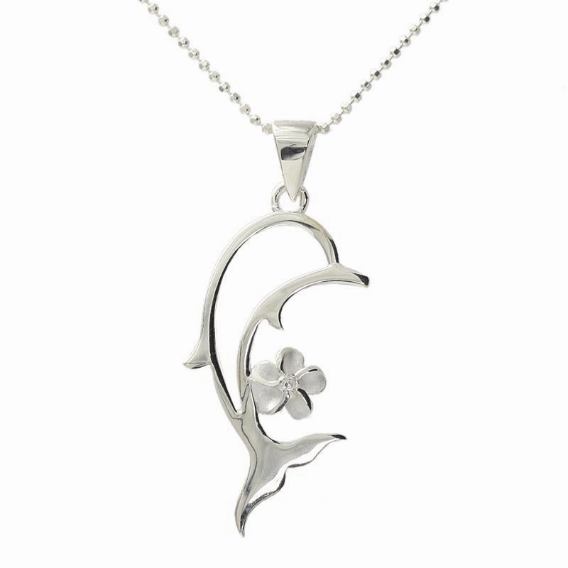Sterling Silver Plumeria with CZ and Dolphin Outline Pendant (Chain Sold Separately)