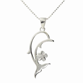 Sterling Silver Plumeria with CZ and Dolphin Outline Pendant (Chain Sold Separately)