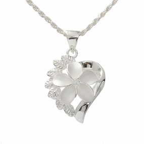 Sterling Silver Plumeria with CZ and Leaf Heart Pendant (Chain Sold Separately)