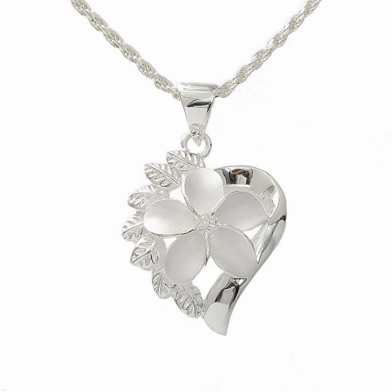 Sterling Silver Plumeria with CZ and Leaf Heart Pendant (Chain Sold Separately)