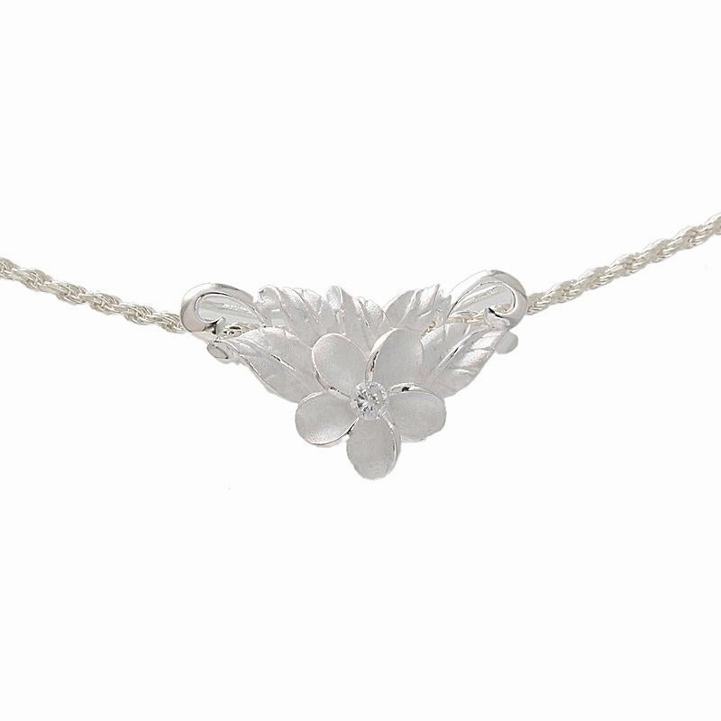 Sterling Silver Plumeria with CZ and Leaf Slider Pendant (Chain Sold Separately)