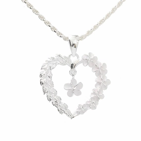 Sterling Silver Plumeria with CZ and Maile Leaf Heart Pendant (Chain Sold Separately)