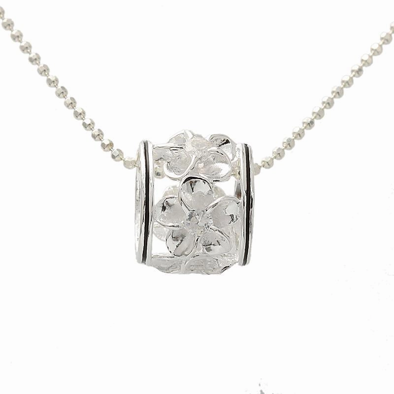 Sterling Silver Plumeria with CZ Black Border Barrel Pendant (Chain Sold Separately)