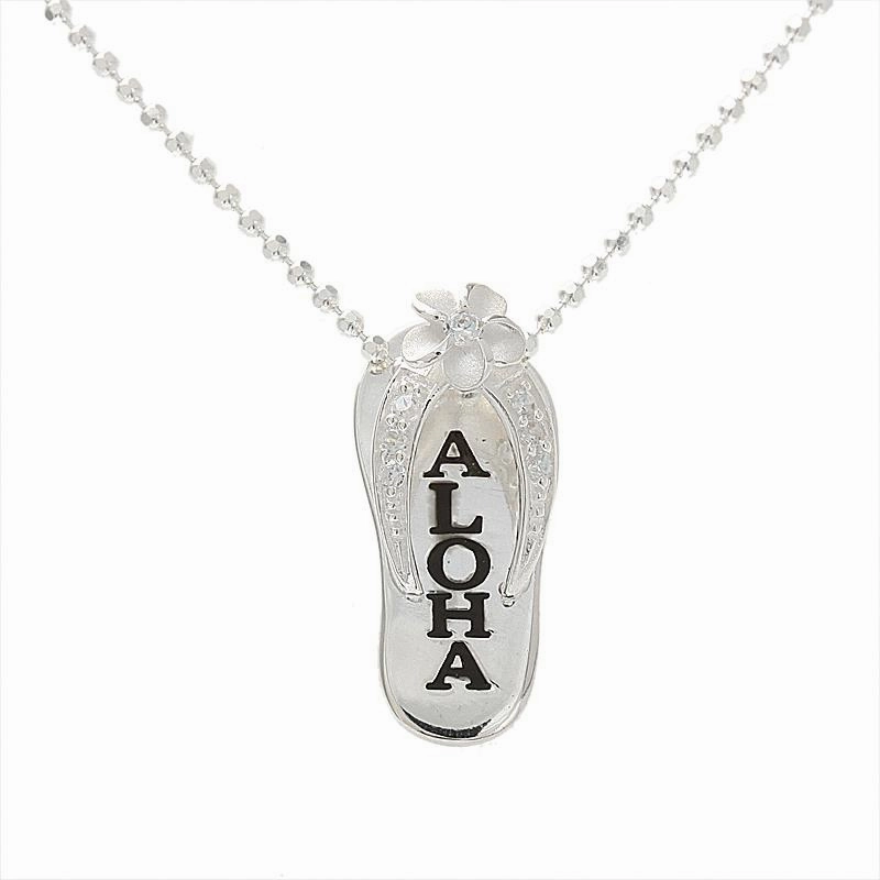 Sterling Silver Plumeria with CZ Black Enamel ALOHA Slipper Pendant (Chain Sold Separately)