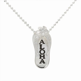 Sterling Silver Plumeria with CZ Black Enamel ALOHA Slipper Pendant (Chain Sold Separately)