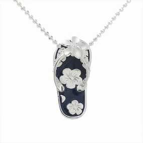 Sterling Silver Plumeria with CZ Black Enamel Hibiscus Slipper Pendant (Chain Sold Separately)