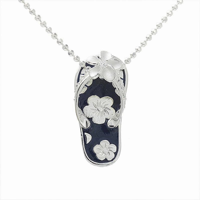 Sterling Silver Plumeria with CZ Black Enamel Hibiscus Slipper Pendant (Chain Sold Separately)