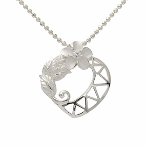 Sterling Silver Plumeria with CZ Heart Pendant (Chain Sold Separately)