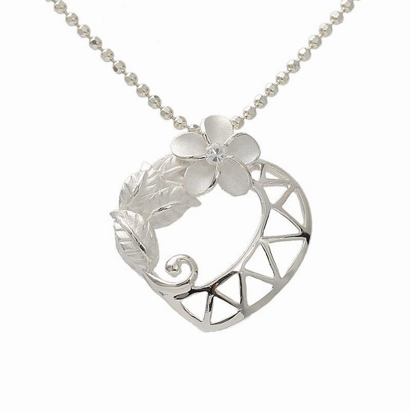 Sterling Silver Plumeria with CZ Heart Pendant (Chain Sold Separately)