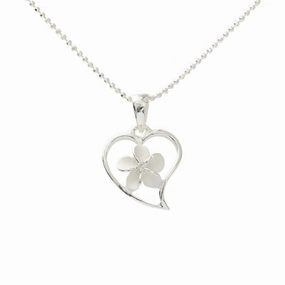 Sterling Silver Plumeria with CZ in Heart Sandblast Finish Pendant (Chain Sold Separately)