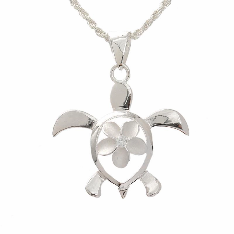 Sterling Silver Plumeria with CZ in Honu (Hawaiian Turtle) (M/L) (Chain Sold Separately)