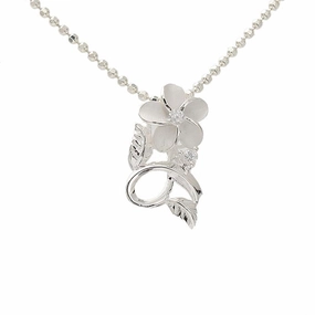 Sterling Silver Plumeria with CZ Leaf Pendant (Chain Sold Separately)