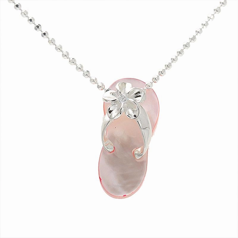 Sterling Silver Plumeria with CZ Pink Shell Slipper Pendant (Chain Sold Separately)