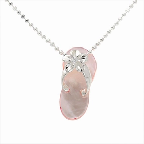 Sterling Silver Plumeria with CZ Pink Shell Slipper Pendant (Chain Sold Separately)