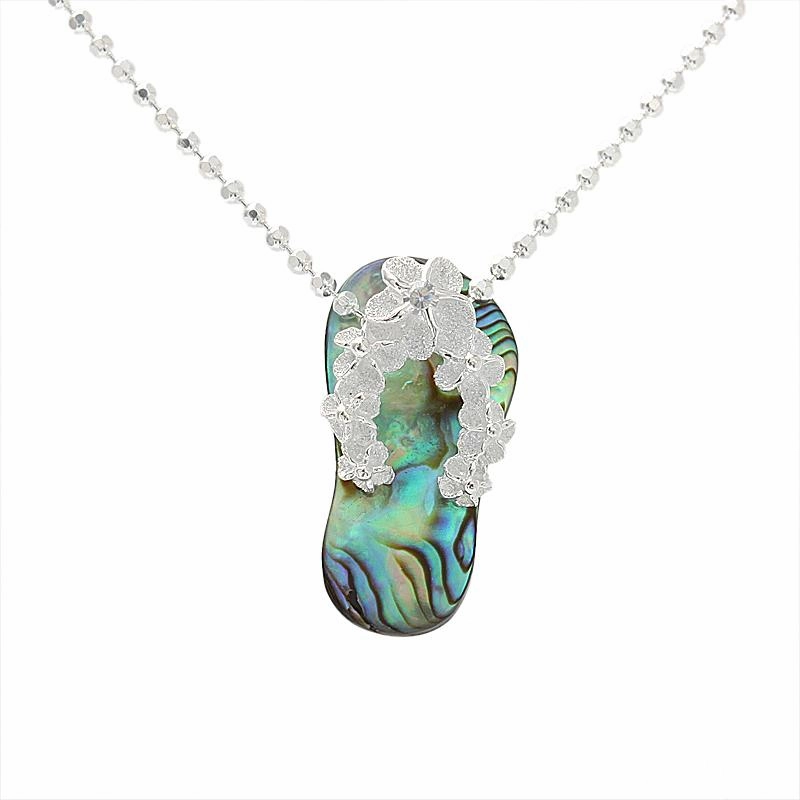 Sterling Silver Plumeria with CZ Strap Abalone Shell Slipper Pendant (Chain Sold Separately)