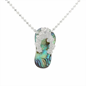 Sterling Silver Plumeria with CZ Strap Abalone Shell Slipper Pendant (Chain Sold Separately)