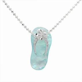Sterling Silver Plumeria with CZ Strap Blue Shell Slipper Pendant (Chain Sold Separately)