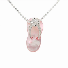 Sterling Silver Plumeria with CZ Strap Pink Shell Slipper Pendant (Chain Sold Separately)