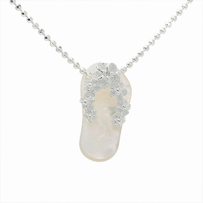 Sterling Silver Plumeria with CZ Strap White Shell Slipper Pendant (Chain Sold Separately)