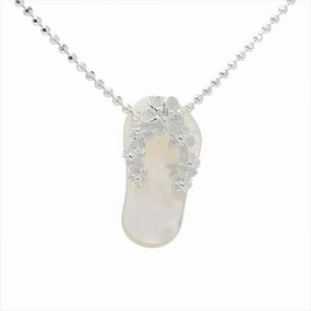 Sterling Silver Plumeria with CZ Strap White Shell Slipper Pendant (Chain Sold Separately)