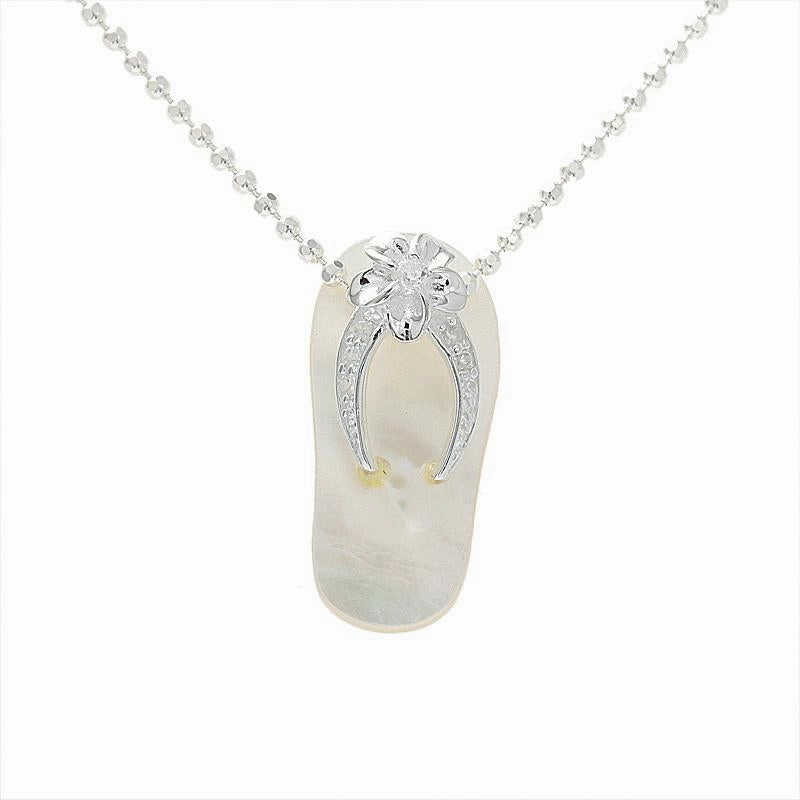 Sterling Silver Plumeria with CZ Strap White Shell Slipper Pendant (Chain Sold Separately)