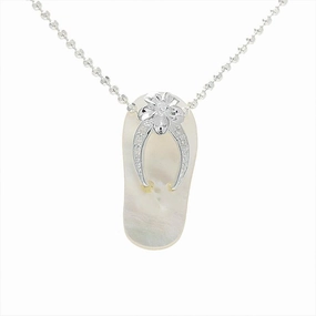 Sterling Silver Plumeria with CZ Strap White Shell Slipper Pendant (Chain Sold Separately)