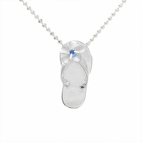 Sterling Silver Plumeria with Dark Blue CZ Plain Slipper Pendant (Chain Sold Separately)
