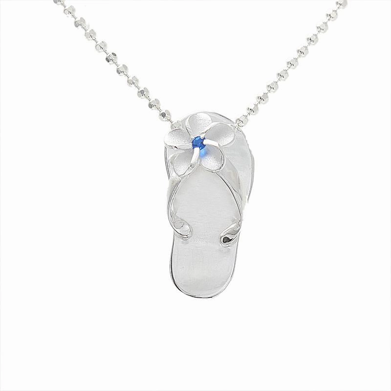 Sterling Silver Plumeria with Dark Blue CZ Plain Slipper Pendant (Chain Sold Separately)