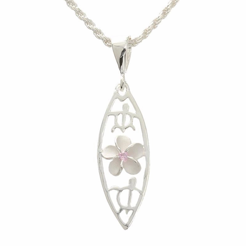 Sterling Silver Plumeria with Pink CZ and 2 Honu (Turtle) Surfboard Pendant (Chain Sold Separately)