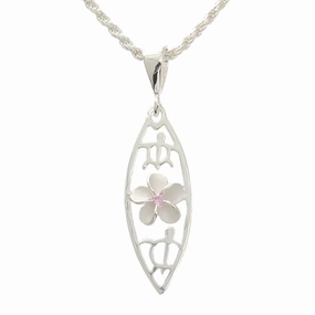 Sterling Silver Plumeria with Pink CZ and 2 Honu (Turtle) Surfboard Pendant (Chain Sold Separately)