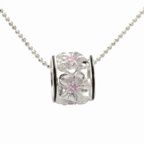 Sterling Silver Plumeria with Pink CZ Black Border Barrel Pendant (Chain Sold Separately)