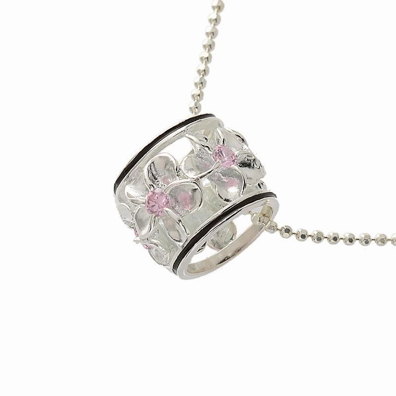 Sterling Silver Plumeria with Pink CZ Black Border Barrel Pendant (Chain Sold Separately)