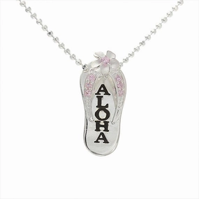Sterling Silver Plumeria with Pink CZ Black Enamel ALOHA Slipper Pendant (Chain Sold Separately)