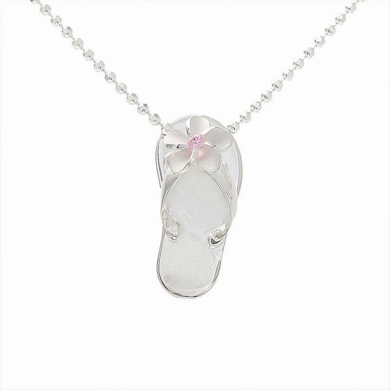 Sterling Silver Plumeria with Pink CZ Plain Slipper Pendant (Chain Sold Separately)