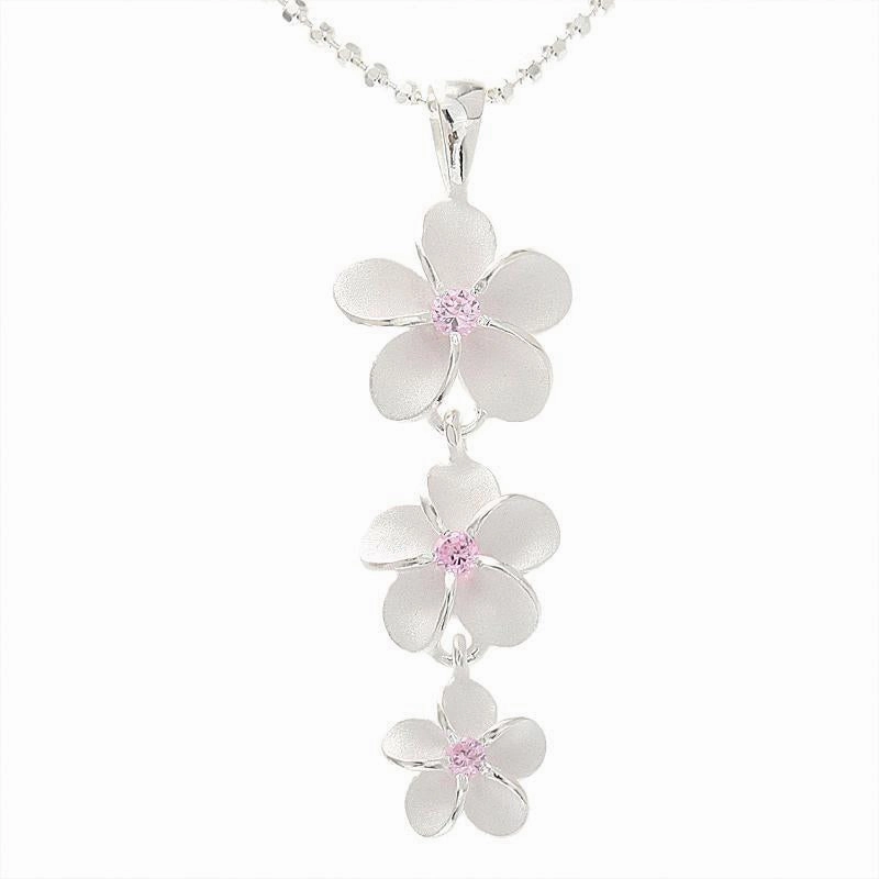 Sterling Silver Plumeria with Pink CZ Sandblast Finish Pendant (M/L) (Chain Sold Separately)