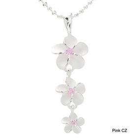 Sterling Silver Plumeria with Pink CZ Sandblast Finish Pendant (M/L) (Chain Sold Separately)