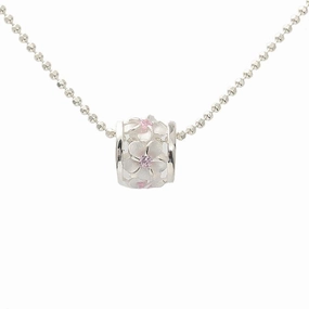 Sterling Silver Plumeria with Pink CZ Sandblasted Barrel Pendant (Chain Sold Separately)