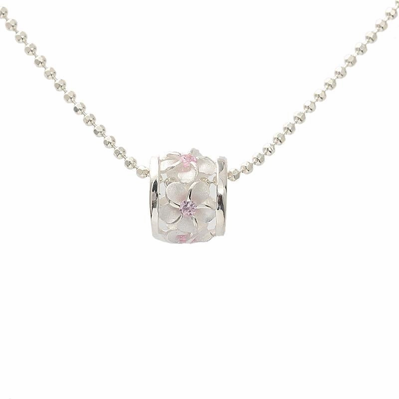 Sterling Silver Plumeria with Pink CZ Sandblasted Barrel Pendant (Chain Sold Separately)